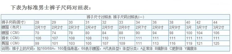 標(biāo)準(zhǔn)男士褲子尺碼對照表